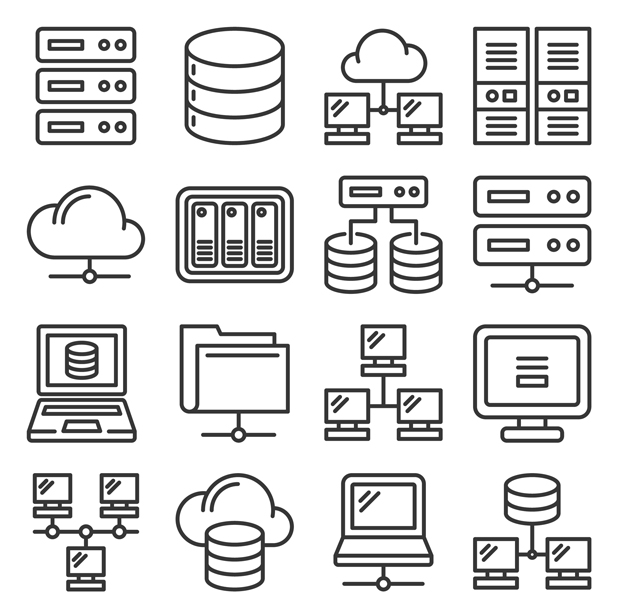Server, Internet and Network Icons Set on White Background. Line Style Vector